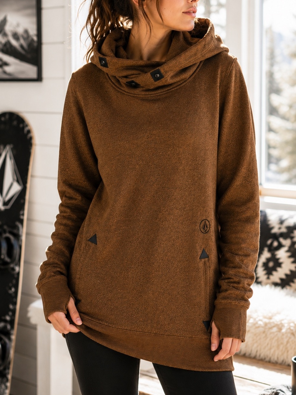 Volcom Tower Pullover Fleece Hoodie Brown Bronze Cowl Neck Thumbholes Size M